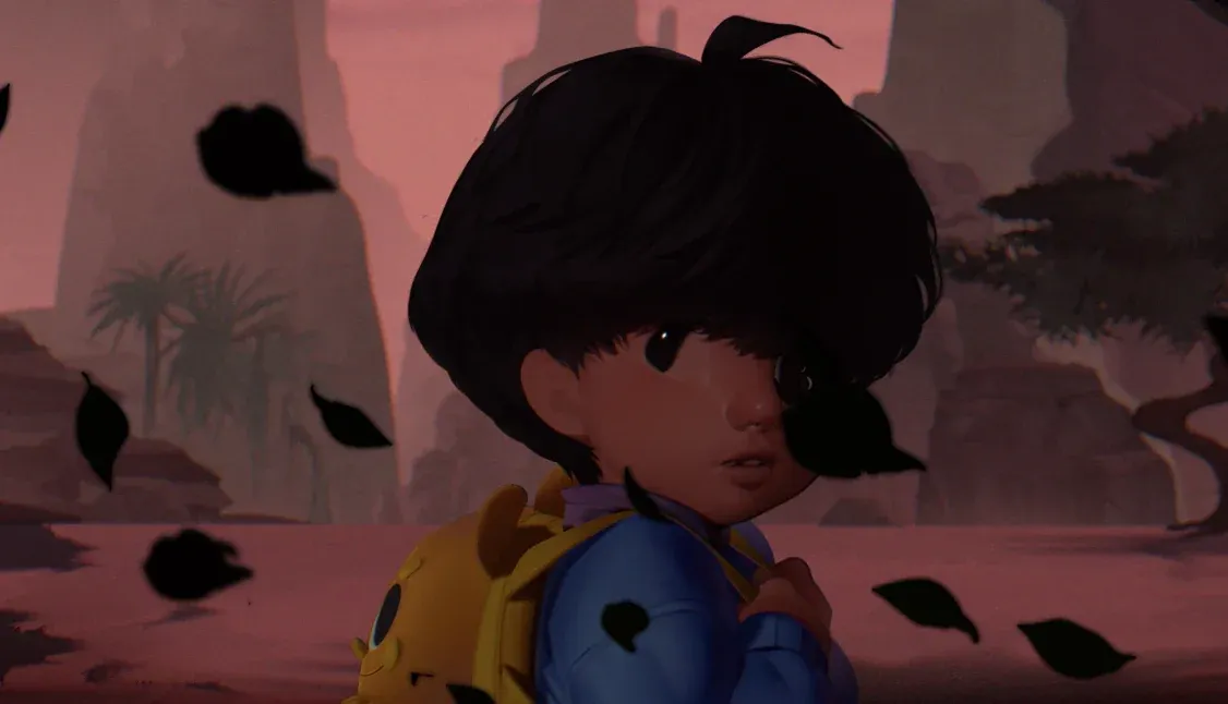 YAZAN: Lost Child key art, featuring Yazan with his yellow backpack in a shadowed desert landscape.
